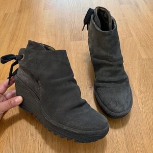 Fly London 37 Yama Gray Suede Leather Lace Up Boots